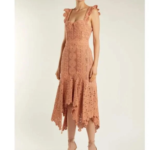 JONATHAN SIMKHAI Cotton-Macramé Lace Handkerchief-Hem Coral-Peach Dress 4 - Picture 7 of 11